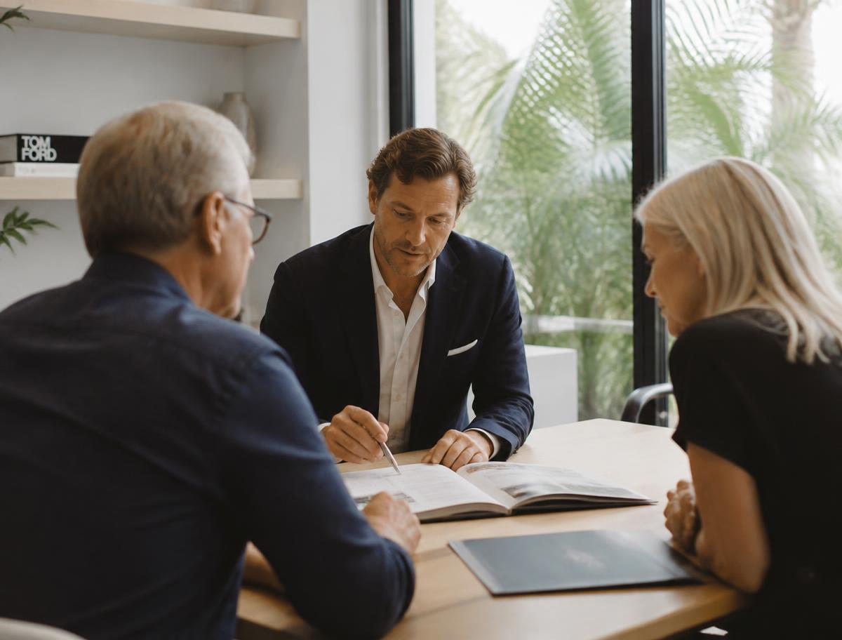 Advisor discussing property options with clients in a South Florida office