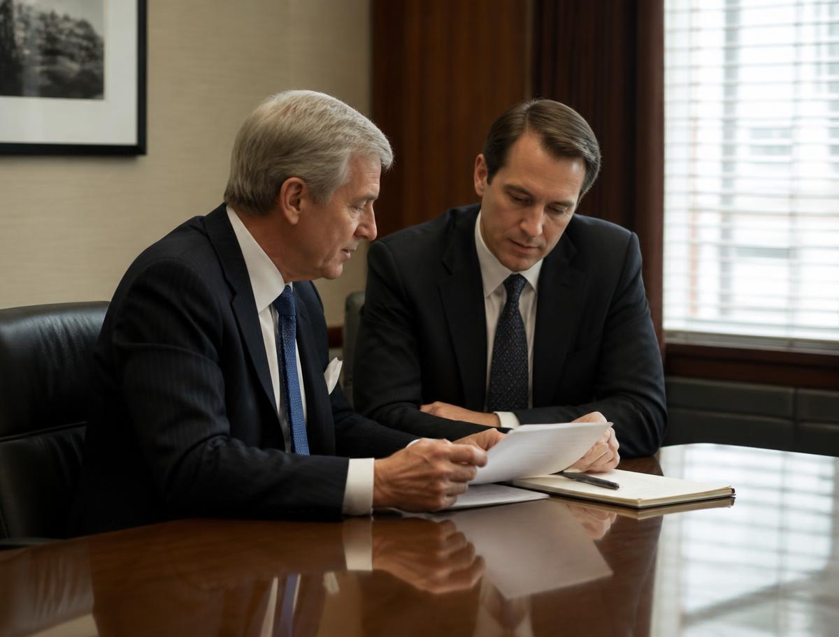 Attorney reviewing documents with a client in a quiet office