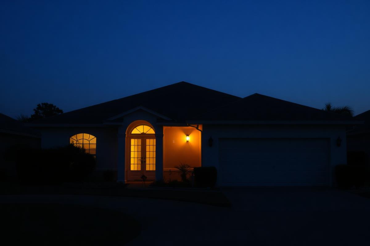 Florida home at dusk with a warm light in the entry