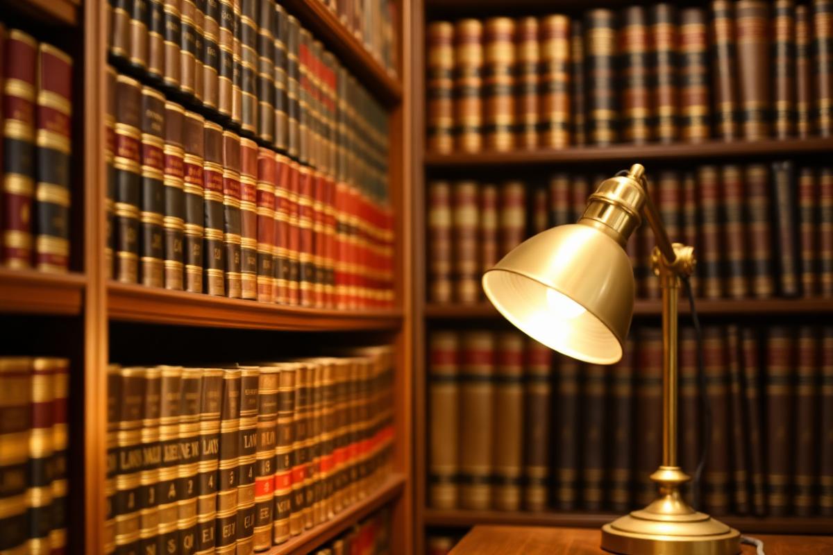 Law library shelves lit by a bright window