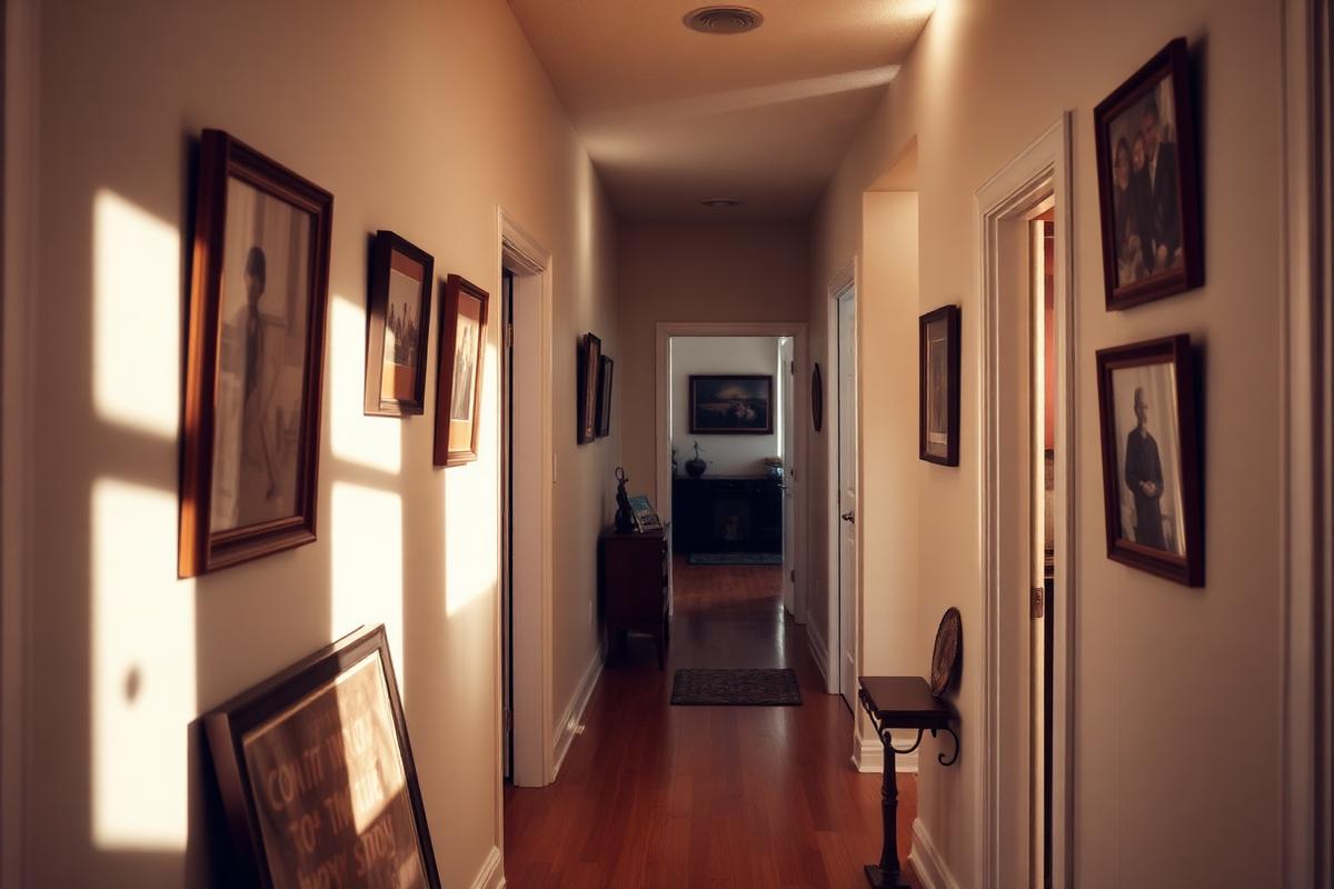 Sunlit hallway of a family home with framed photographs