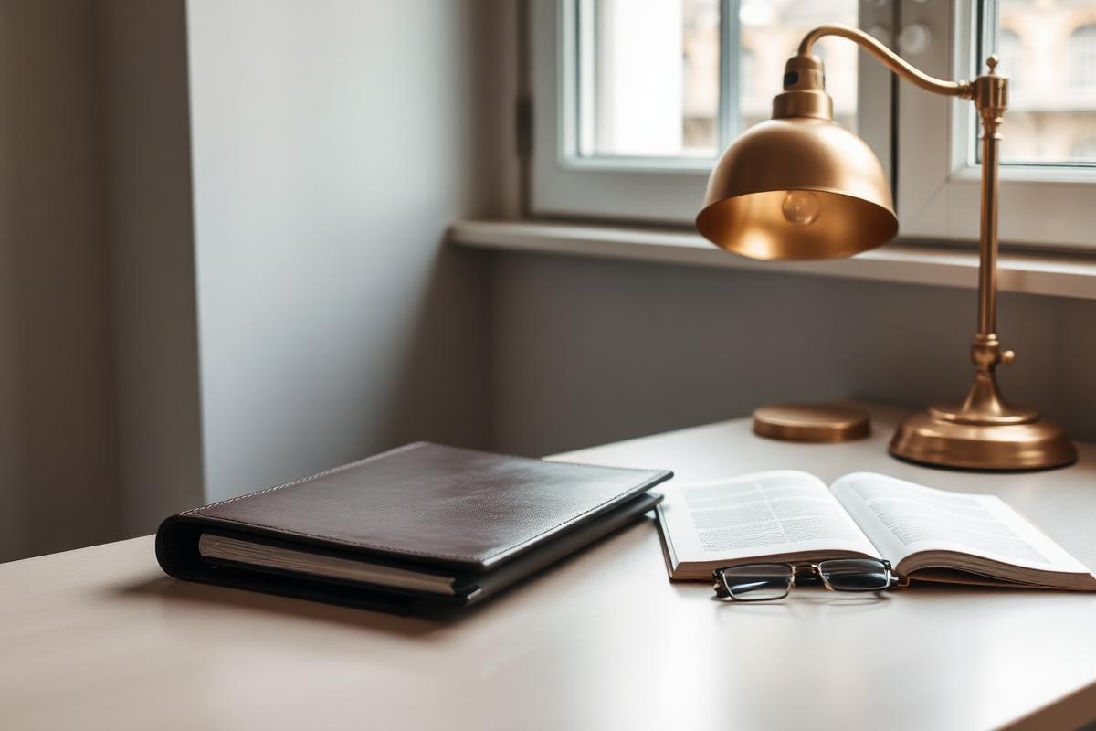 Quiet home office desk with a leather folder and reading glasses