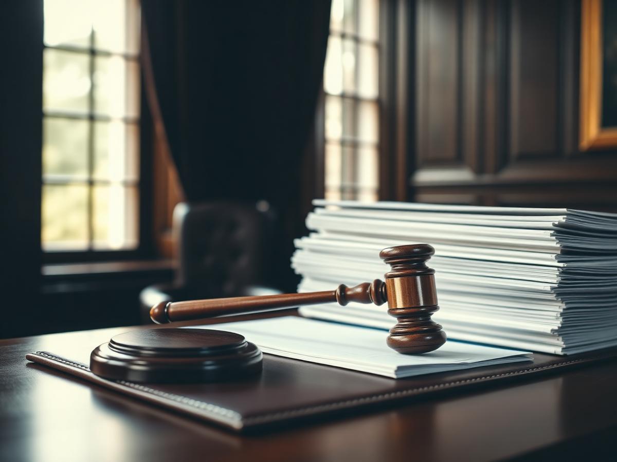 Gavel resting beside property files in a wood-paneled office
