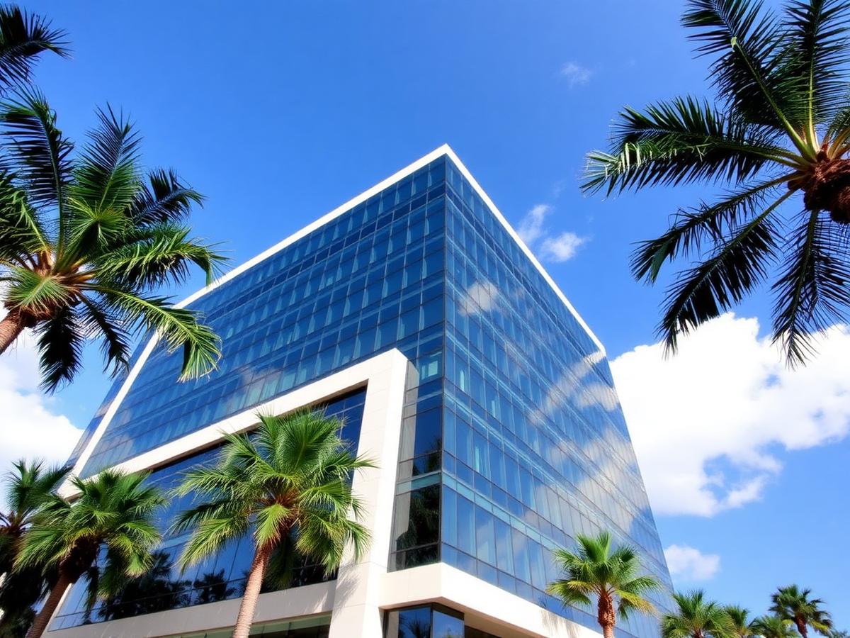 Modern South Florida commercial office building framed by palms