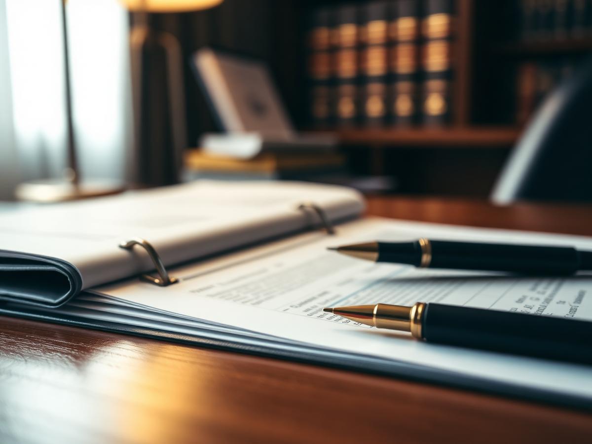 Legal documents and pen on a polished desk in a law office