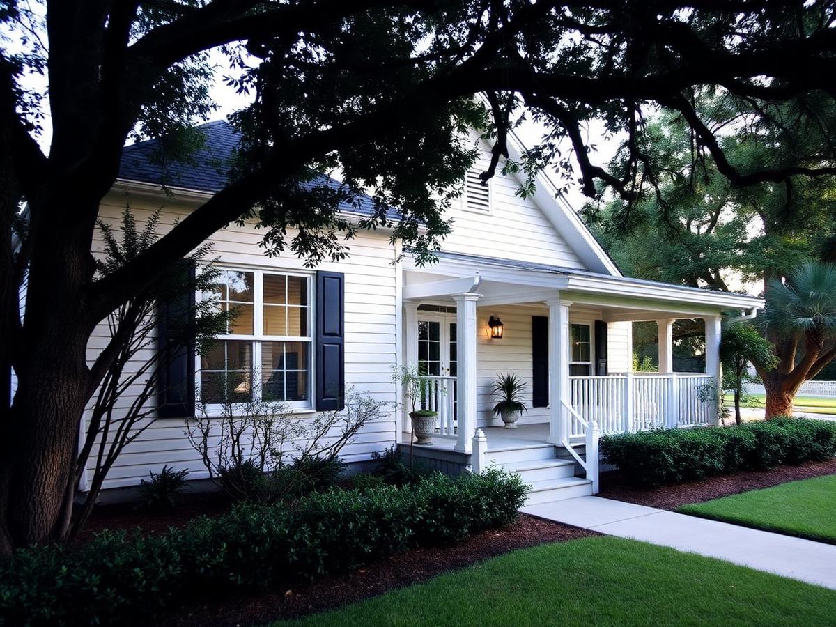 Shaded Florida family home with a covered front porch