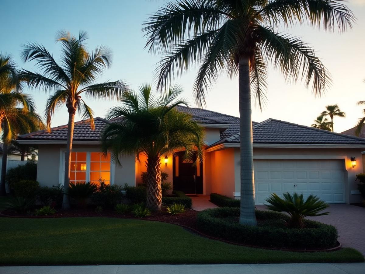 Single-story South Florida home at dusk framed by mature palms